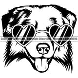 Australian Shepherd Dog Wearing Sun Heart Sunglasses Animal Portrait Doggy Face Cute Pup Breed Clipart SVG