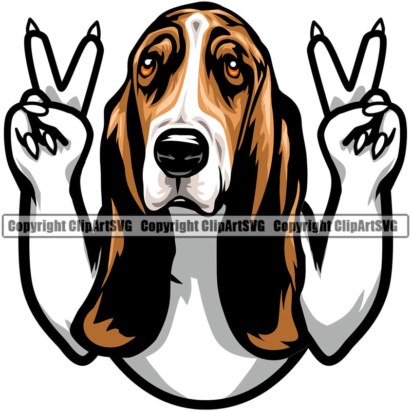 Basset Hound Head Color Peace Hand Sign Portrait Doggy Face Cute Pup Pedigree Breed Animal Dog Clipart SVG