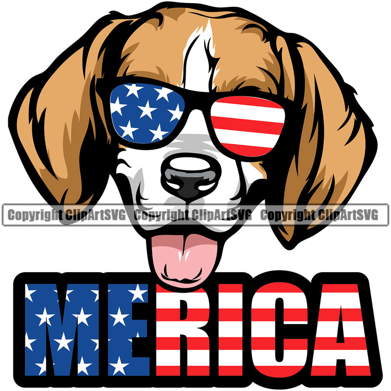 Beagle Dog Wearing Sunglasses With Merica Text Color Animal Portrait Doggy Face Cute Pup Pedigree Breed Clipart SVG