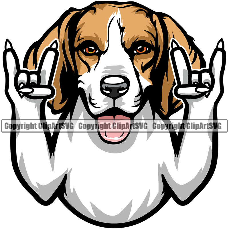 Beagle Dog Rock And Roll Hand Sign Color Portrait Doggy Face Cute Pedigree Breed Canine Clipart SVG