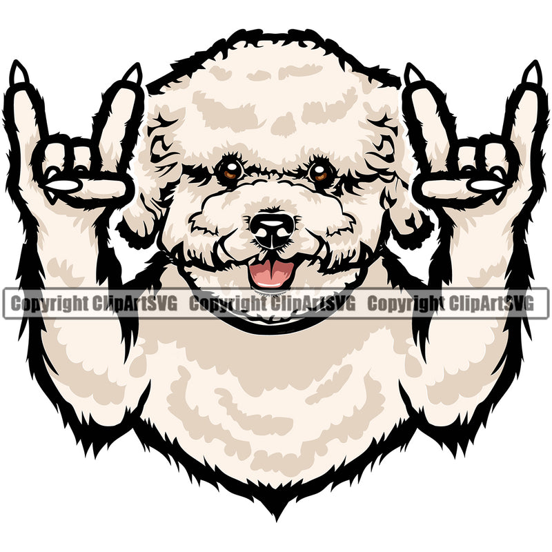 Rock And Roll Hand Sign Bichon Frise Cute Dog Animal Pedigree Head Doggy Purebred Breed Clipart SVG