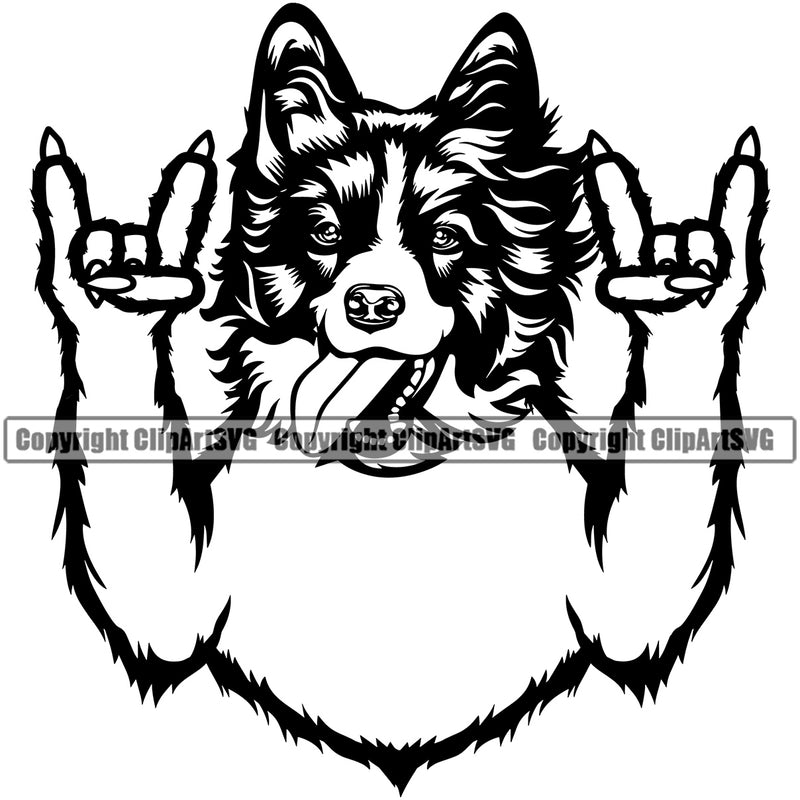 Rock And Roll Hand Sign Border Collie Dog Animal Pup Pedigree Head Doggy Purebred Breed Canine Clipart SVG