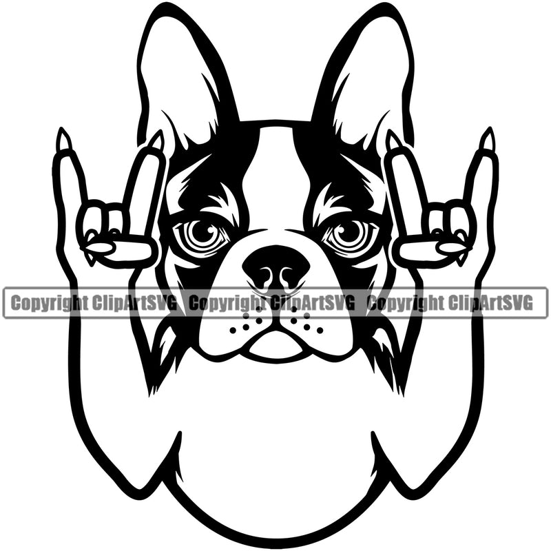 Rock And Roll Hand Sign Boston Terrier Dog Cute Portrait Doggy Face Cute Pup Pedigree Breed Clipart SVG