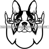 Rock And Roll Hand Sign Boston Terrier Dog Cute Portrait Doggy Face Cute Pup Pedigree Breed Clipart SVG