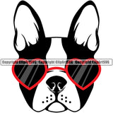 Boston Terrier Wearing Sunglasses Heart Color Cute Portrait Face Cute Pedigree Breed Clipart SVG