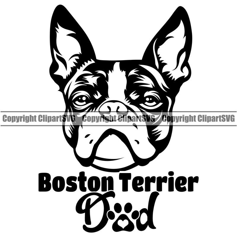 Boston Terrier Dog Dad Text Logo Pedigree Head Doggy Purebred Canine K-9 Vector Clipart SVG