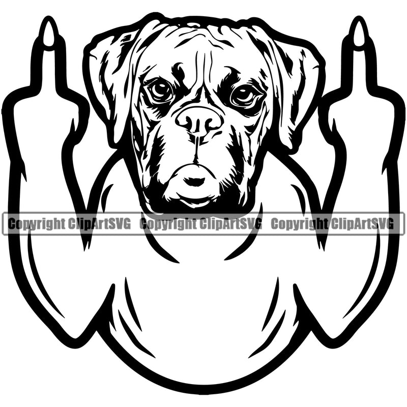 Boxer Black Middle Finger Dog Animal Portrait Face Cute Pup Pedigree Breed Doggy K9 Clipart SVG