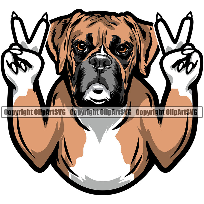 Peace Hand Sign Boxer Dog Animal Portrait Face Cute Pup  Breed Canine K-9 Pedigree Doggy Clipart SVG