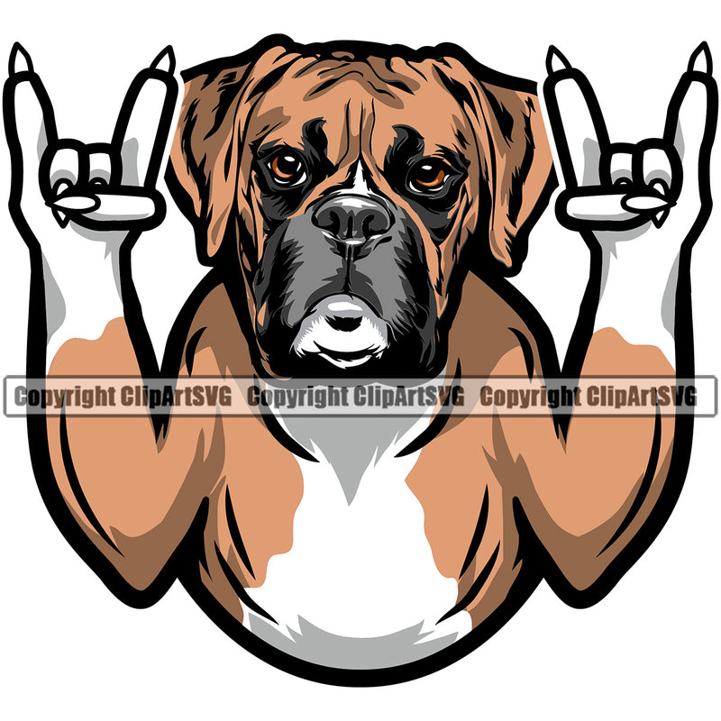 Rock And Roll Hand Sign Boxer Dog Portrait Doggy Face Cute Pup Breed Canine K-9 Pedigree Animal Clipart SVG