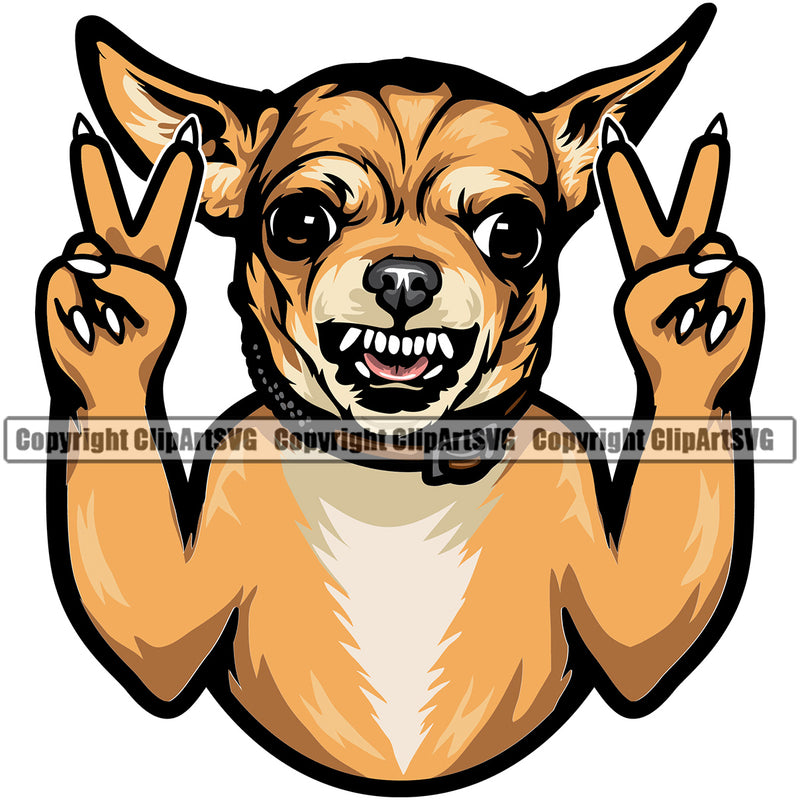 Chihuahua Dog Peace Hand Sign Puppy Head Purebred Pup Pedigree Color Canine K9 Animal Portrait Clipart SVG