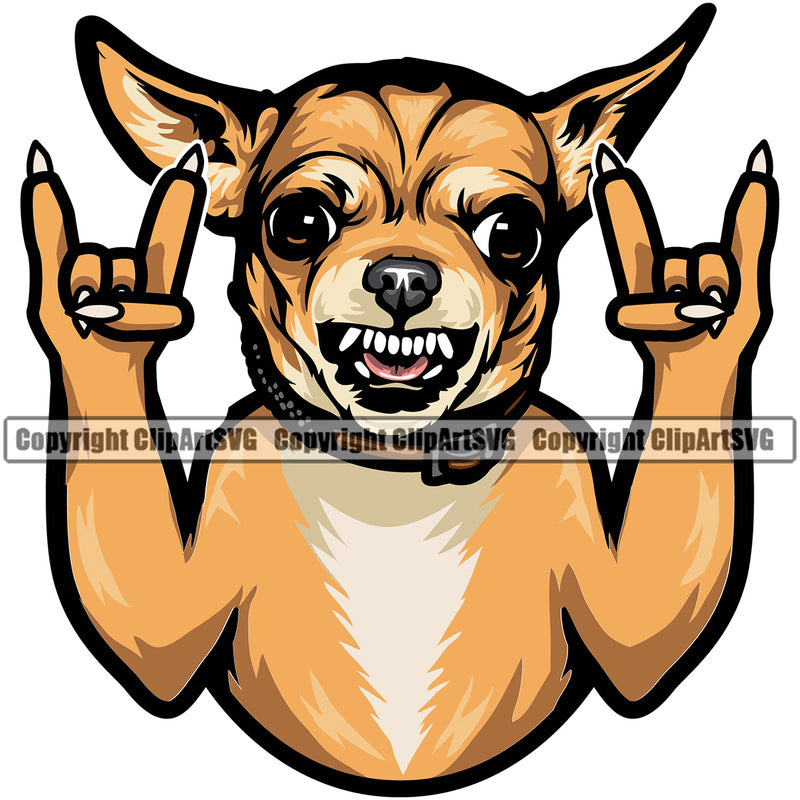Chihuahua Dog Rock And Roll Hand Sign Yellow Color Animal Portrait Doggy Face Cute Puppy Head Purebred Pup Pedigree Clipart SVG