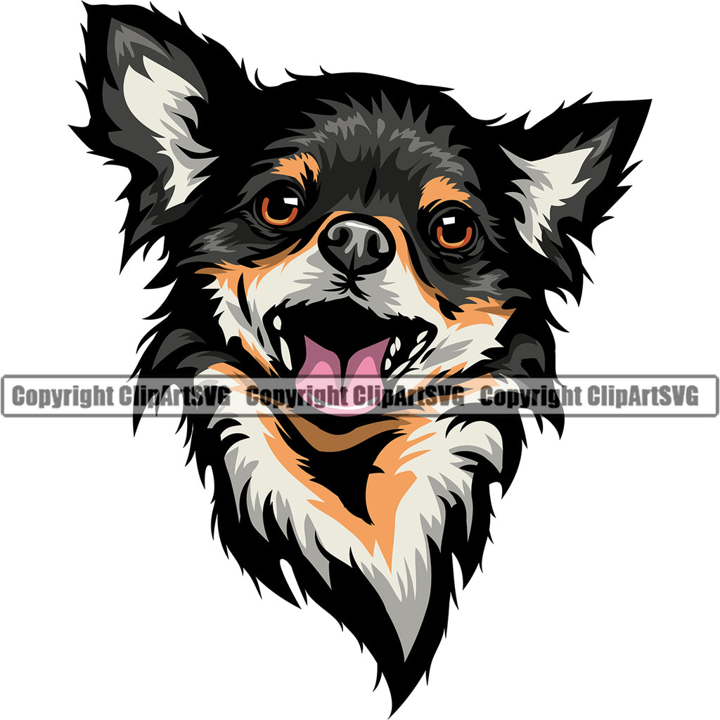 Chihuahua Dog Smiling Face Black Puppy Head Purebred Pedigree K9 Animal Portrait Doggy Cute Clipart SVG