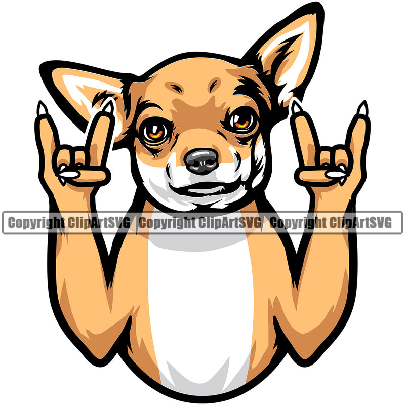 Chihuahua Dog Rock And Roll Hand Sign Cute Face Puppy Head Purebred Pup Pedigree Canine K-9 K9 Vector Clipart SVG