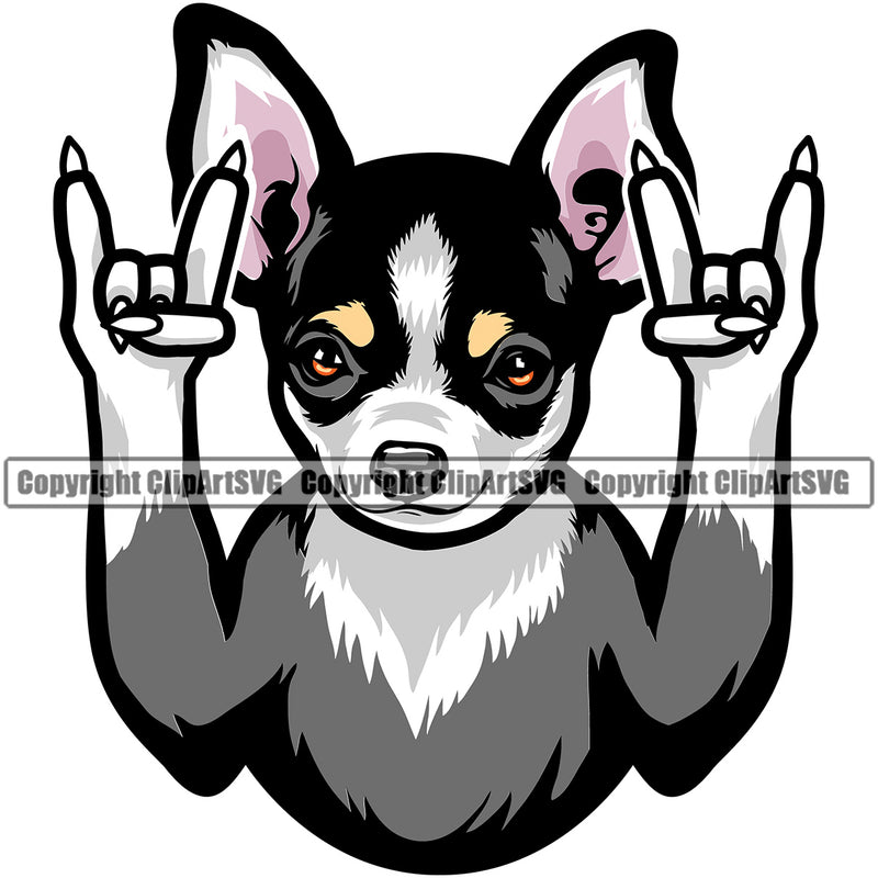Chihuahua Dog Rock And Roll Hand Sign Vector Design Colorful Smile Face Puppy Pup Pet Purebred Pedigree Design Clipart SVG