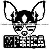 Chihuahua Dog Merica Text Vector Design With Wearing Sunglasses Happy Face Puppy Pup Pet Purebred Pedigree Vector Clipart SVG