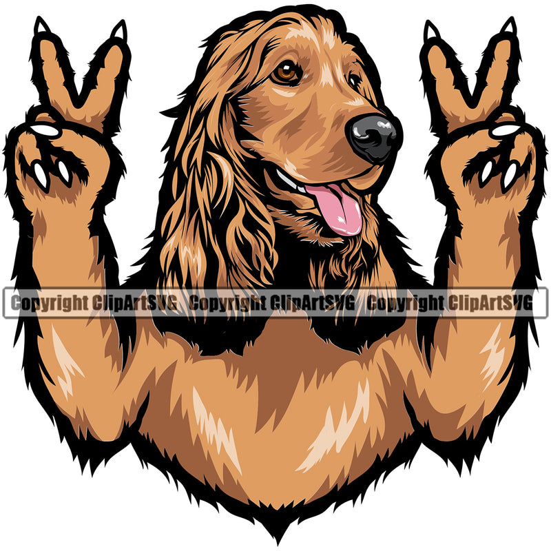 Cocker Spaniel Dog Peace Hand Sign Vector Design Colorful With Long Hair Happy Face Puppy Pup Pet Purebred Pedigree Vector Portrait Clipart SVG