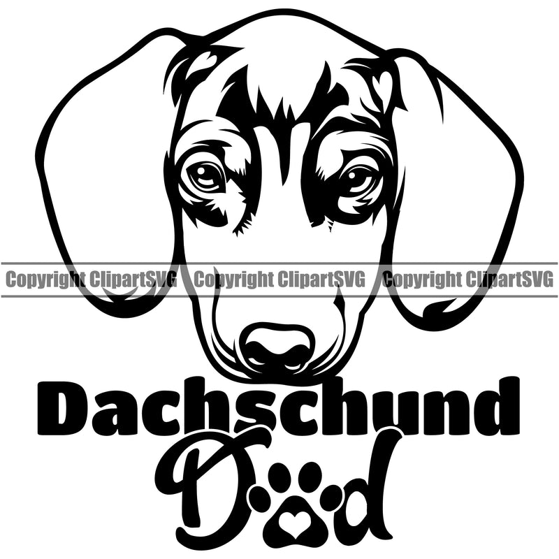 Dachshund Dog Dad Black And White Vector Design With Dachshund Dad Text Moddy Face Paw Puppy Pup Pet Purebred Pedigree Vector Design Clipart SVG