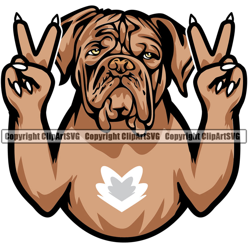 Dogue De Bordeaux Dog Peace Hand Sign Vector Design Funny Face Pew Puppy Pet Purebred Pedigree Vector Portrait Clipart SVG