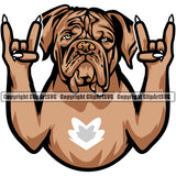 Dogue De Bordeaux Dog Funny Face Rock And Roll Hand Sign Vector Design Pew Puppy Pup Pet Purebred Pedigree Vector Clipart SVG