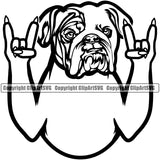 English Bulldog Rock And Roll Hand Sign Mascot Head Purebred Pup Pedigree Canine K-9 K9 Animal Portrait Clipart SVG