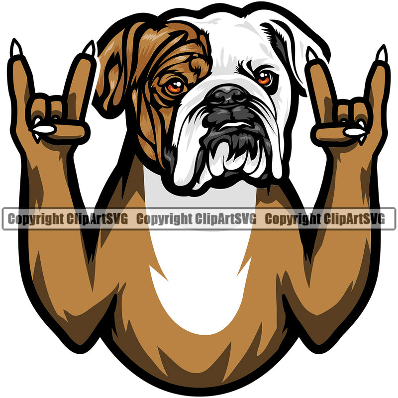 English Bulldog Rock And Roll Hand Sign Puppy Head Purebred Pup Pedigree Vector Canine K-9 K9 Animal Clipart SVG