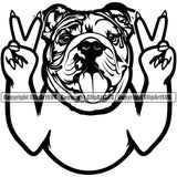Bulldog Peace Hand Sign Vector Design Happy Face Paw Puppy Pup Pet Purebred Pedigree Vector Clipart SVG