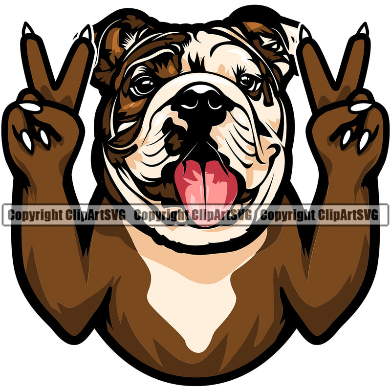 Bulldog Colorful Peace Hand Sign Vector Design Happy Face Paw Puppy Pup Pet Purebred Pedigree Design Clipart SVG