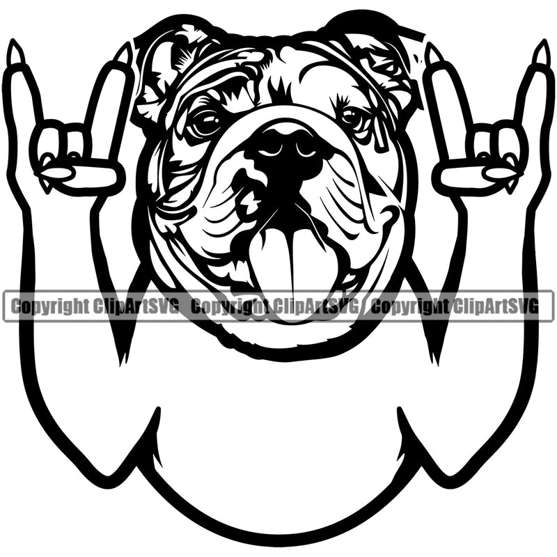 Bulldog Rock And Roll Hand Sign Vector Design Happy Face Paw Puppy Pup Pet Purebred Pedigree Vector Clipart SVG