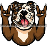 Bulldog Colorful Rock And Roll Hand Sign Vector Design Happy Face Paw Puppy Pup Pet Purebred Pedigree Design Clipart SVG