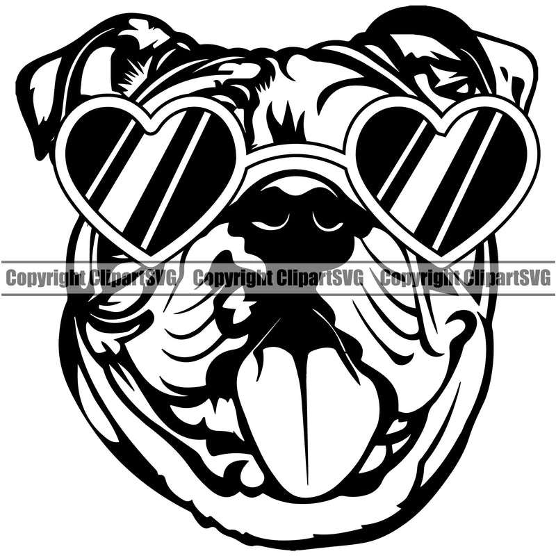 English Bulldog Wearing Sunglasses Sun Heart Design Puppy Head Purebred Pup Pedigree Vector Clipart SVG