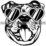 English Bulldog Wearing Sunglasses Sun Heart Design Puppy Head Purebred Pup Pedigree Vector Clipart SVG