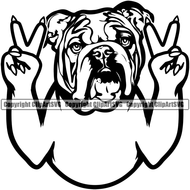 English Bulldog Peace Hand Sign Puppy Head Purebred Pup Pedigree Animal Portrait Doggy Face Cute Clipart SVG