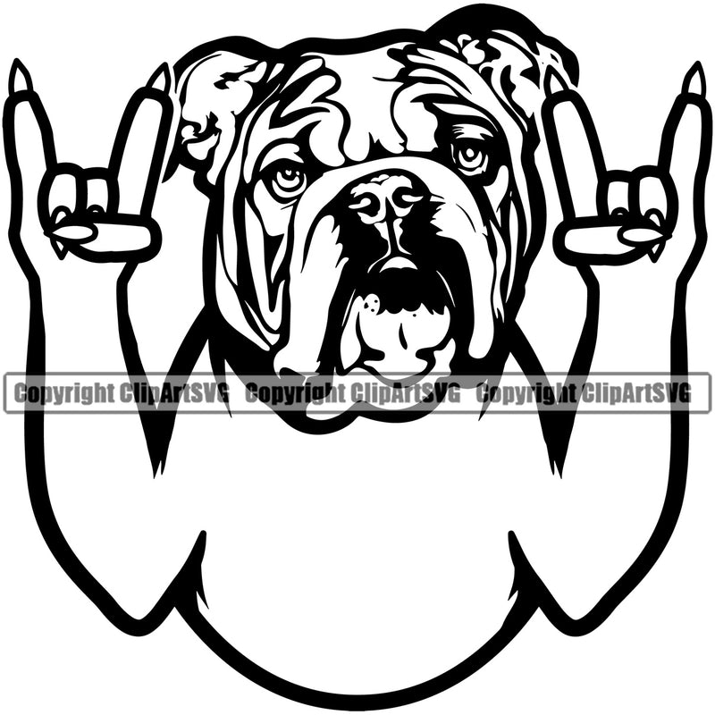 English Bulldog Rock And Roll Hand Sign Puppy Head Purebred Pup Pedigree Vector Canine K-9 K9 Animal Clipart SVG