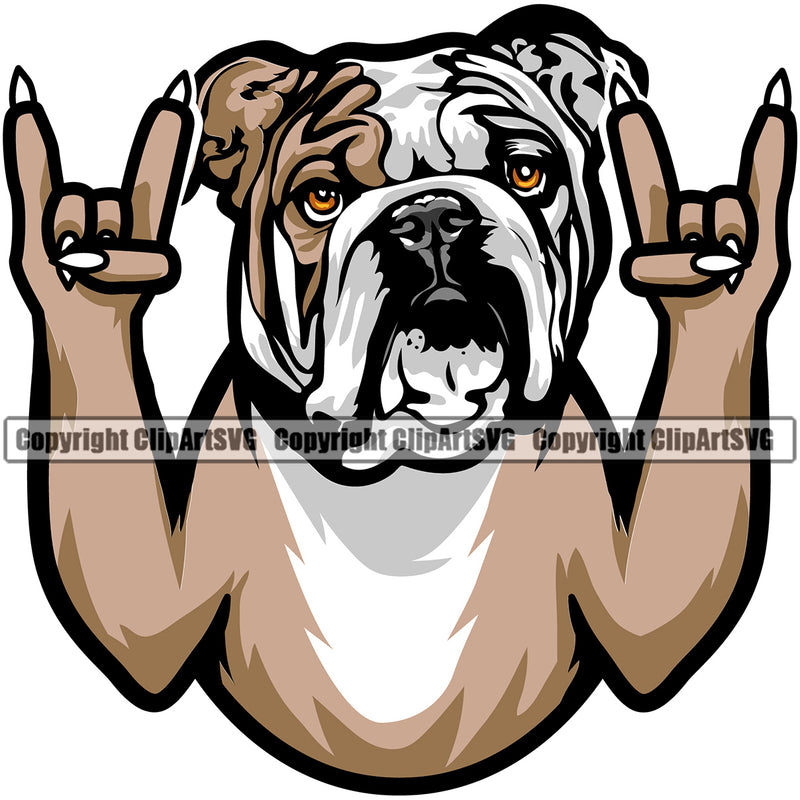 English Bulldog Rock And Roll Hand Sign Color Head Puppy Head Purebred Pup Pedigree Vector Canine K-9 K9 Clipart SVG