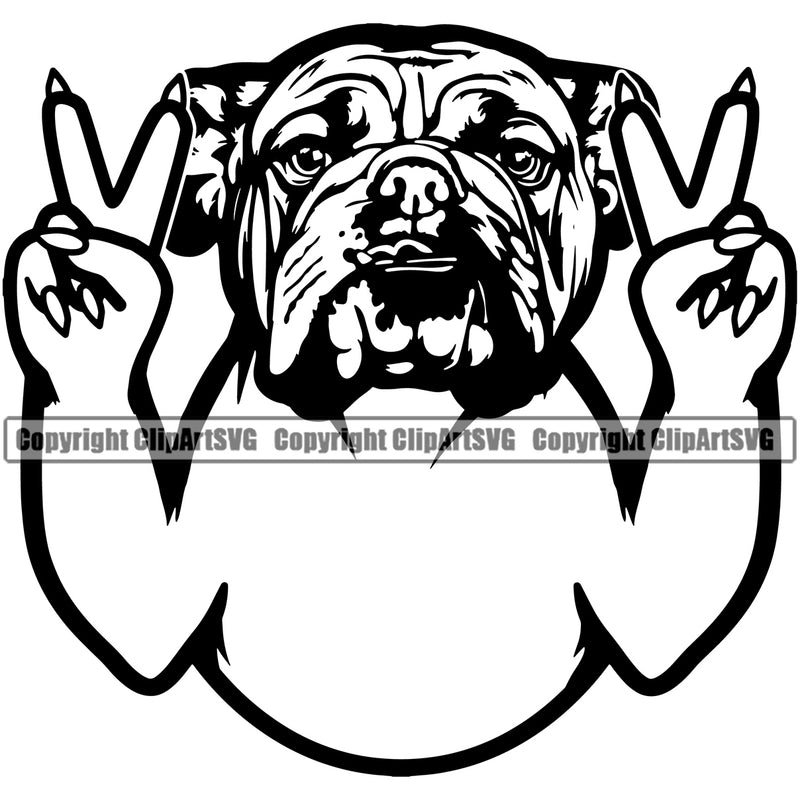 English Bulldog Peace Hand Sign Cute Face Dog Puppy Head Purebred Pup Pedigree Canine K-9 K9 Animal Clipart SVG