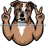 Peace Hand Sign English Bulldog Color Design Canine K-9 K9 Animal Portrait Doggy Vector Puppy Head Purebred Pup Pedigree Clipart SVG