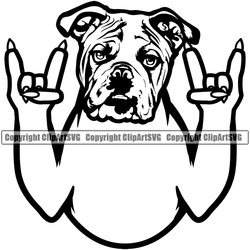 English Bulldog Rock And Roll Hand Sign Design Puppy Head Purebred Pup Pedigree Canine K-9 K9 Animal Clipart SVG