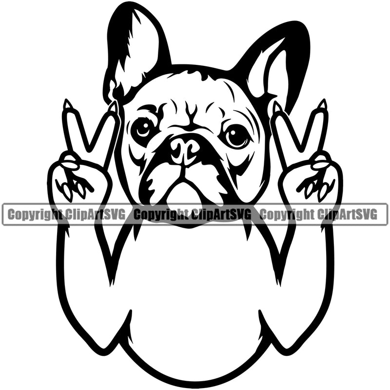 French Bulldog Peace Hand Sign Vector Design Head Purebred Pup Pedigree Canine K-9 K9 Animal Portrait Clipart SVG
