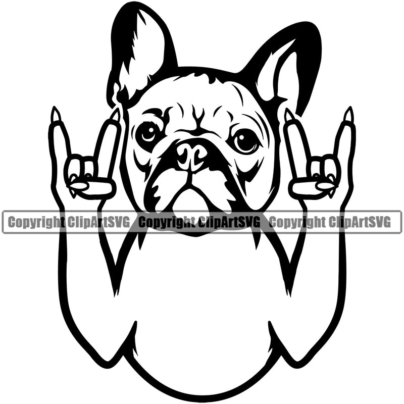 French Bulldog Rock And Roll Hand Sign Design Puppy Head Purebred Pup Pedigree Portrait Doggy Face Cute Clipart SVG