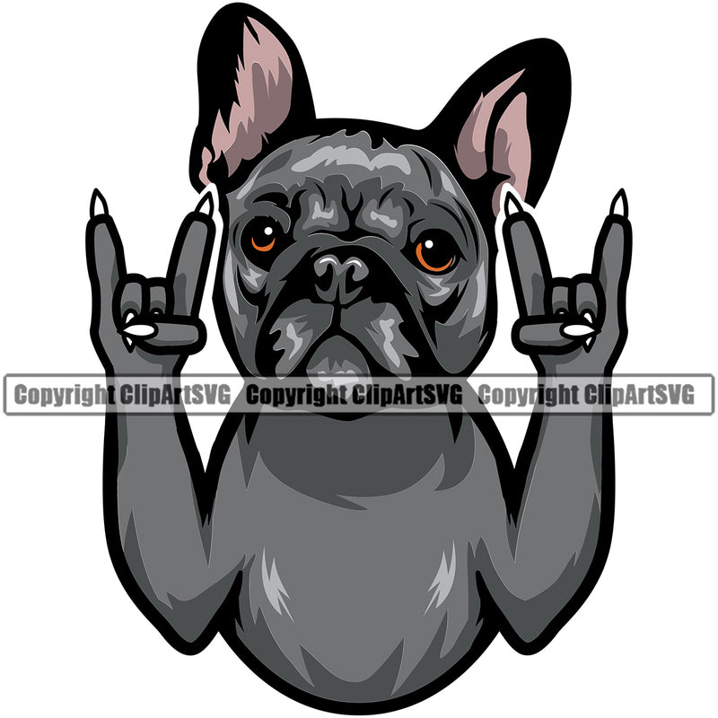 French Bulldog Rock And Roll Hand Sign Puppy Head Purebred Pup Pedigree Vector Color Dog Canine K-9 K9 Animal Clipart SVG