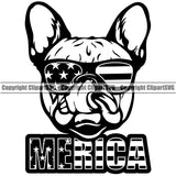 French Bulldog Wearing Sunglasses Merica Text Design Head Purebred Pup Pedigree Vector  Canine K-9 K9 Animal Portrait Doggy Clipart SVG