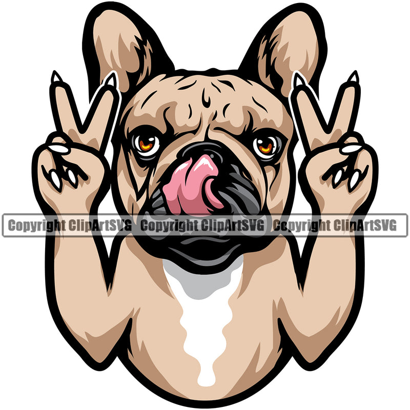 French Bulldog Peace Hand Sign Design Color Head Puppy Head Purebred Pup Pedigree K9 Animal Portrait Clipart SVG