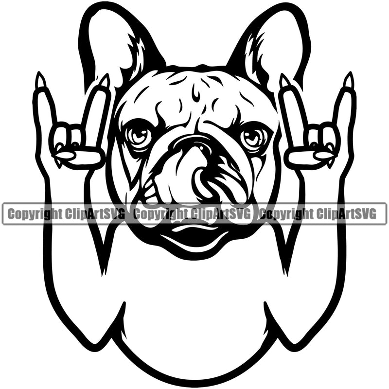 French Bulldog Rock And Roll Hand Sign Puppy Head Purebred Pup Pedigree Vector Doggy Face Cute Clipart SVG