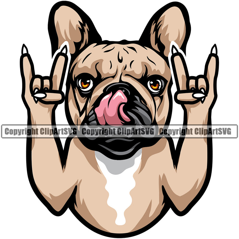French Bulldog Rock And Roll Hand Sign Color Design Puppy Head Purebred Pup Pedigree Mascot Canine K-9 Animal Clipart SVG