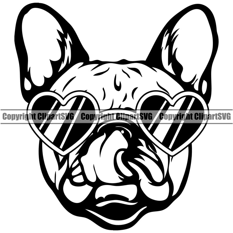 French Bulldog Wearing Sunglasses Sun Heart Design Head Purebred Pup Pedigree Vector K9 Animal Portrait Doggy Face Cute Clipart SVG
