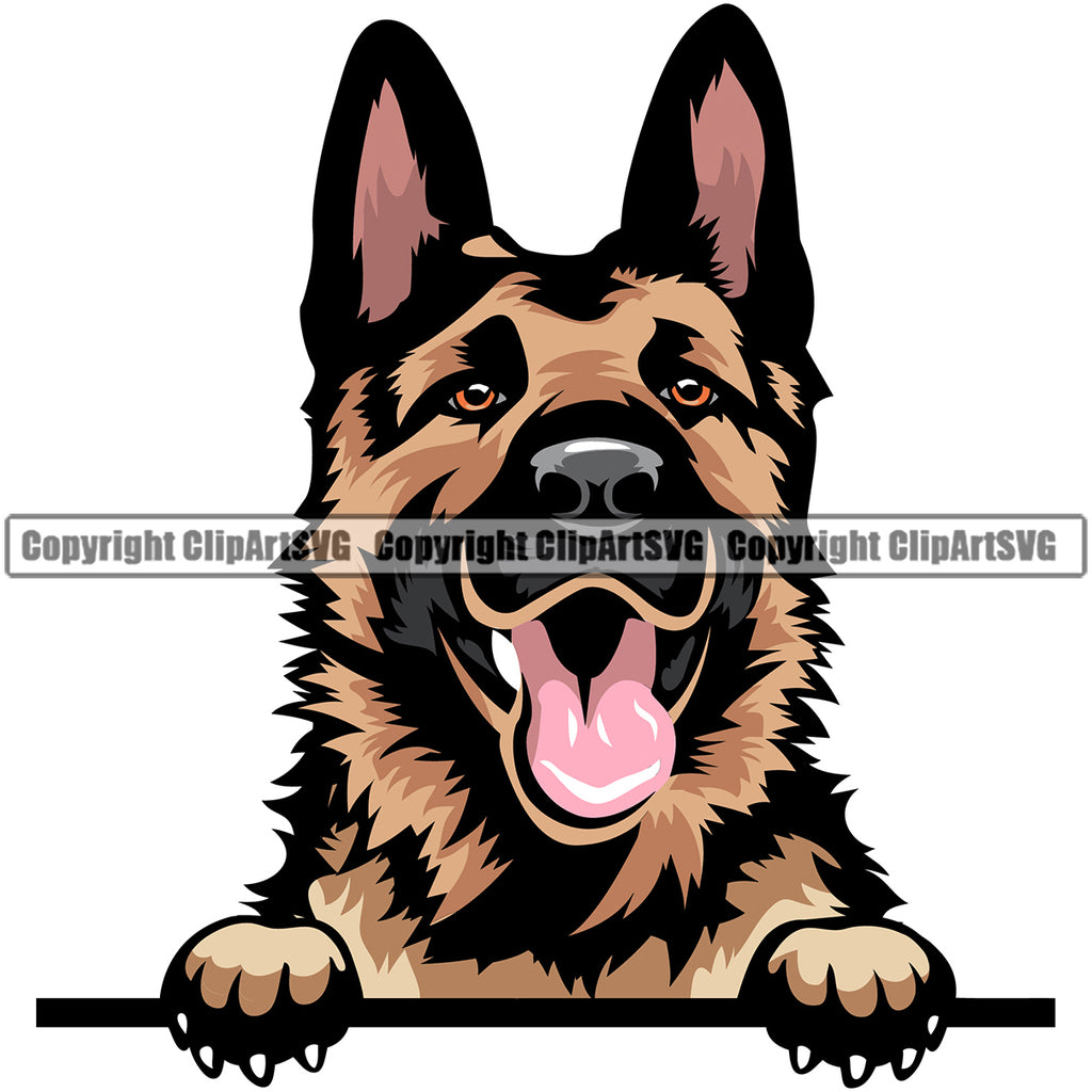 German Shepherd Dog Peeking Face Color Puppy Head Purebred Pup Pedigree Vector Canine K-9 K9 Animal Clipart SVG
