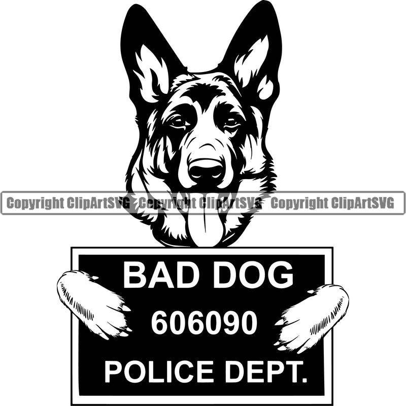 German Shepherd Dog Breed Pup Puppy Bad Dog Mugshot Police Lineup Quote Text Design Element White Background Purebred Pedigree Canine Cop Police K9 K-9 Design Logo Clipart SVG
