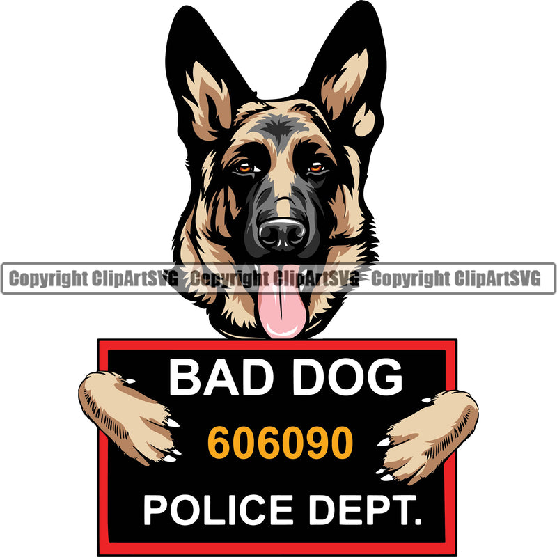 German Shepherd Dog Breed Pup Puppy Bad Dog Mugshot Police Lineup Color Quote Text Design Element White Background Purebred Pedigree Canine Cop Police K9 K-9 Design Logo Clipart SVG