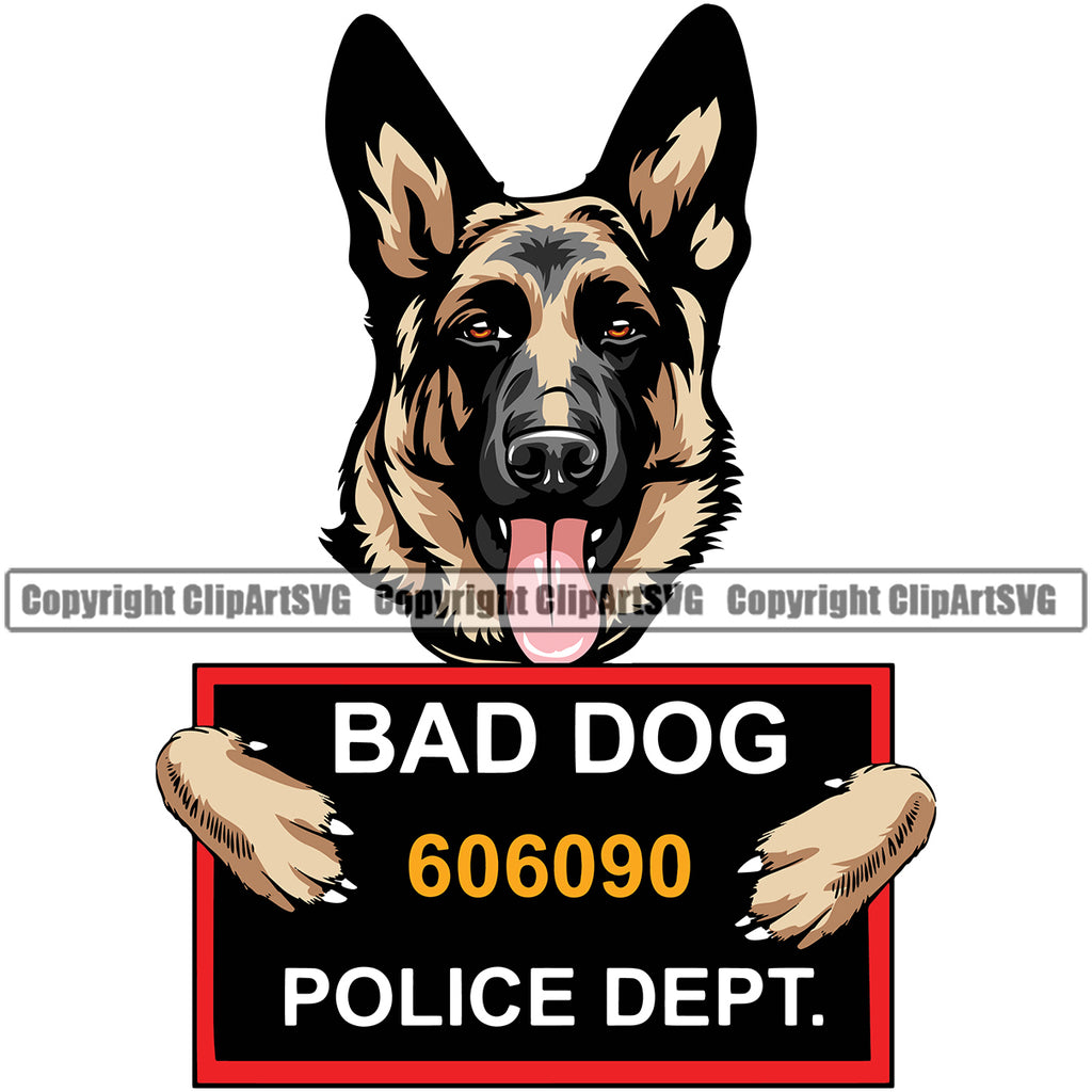German Shepherd Dog Bad Bad Dog Police Lineup Mugshot Text Vector Design Puppy Head Purebred Pup Pedigree Clipart SVG