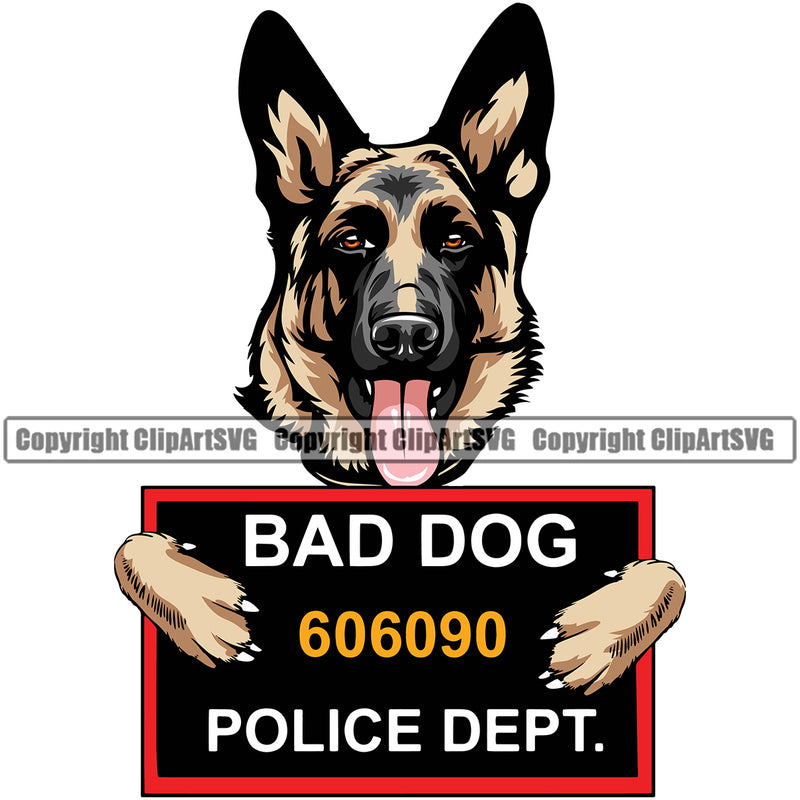 German Shepherd Dog Bad Bad Dog Police Lineup Mugshot Text Vector Design Puppy Head Purebred Pup Pedigree Clipart SVG